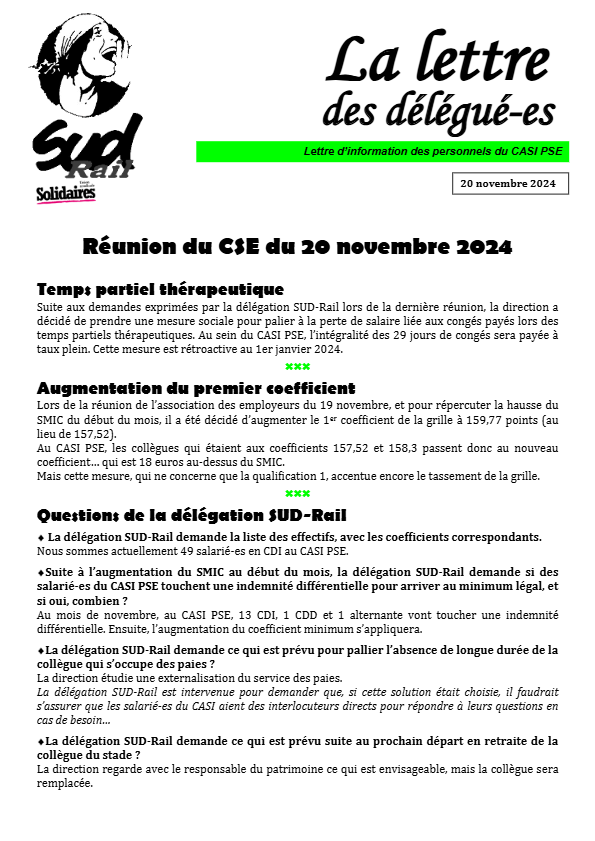 CASI PSE : La lettre des délégué-es 20 novembre 2024