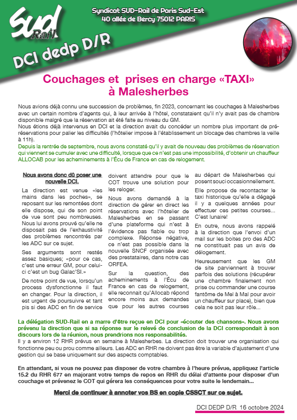 Couchages et prises en charge «TAXI» à Malesherbes